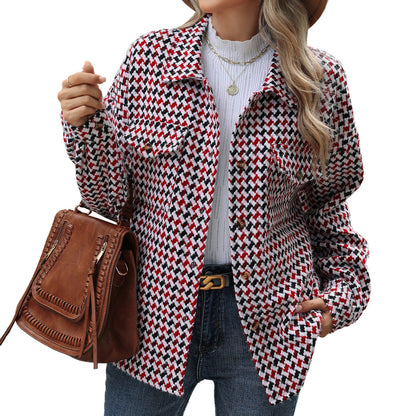 Fashion Houndstooth Lapel Tweed Coat Casual Loose Long Sleeve Jacket With Pocket Outwear Tops For Womens Clothing See size chart under “more details” The Fashion Celestial