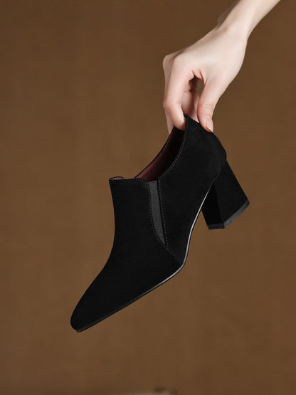 Women's Suede Pointed Toe Chunky Heel Pumps – Deep Vamp Low Heel FitiqueFit