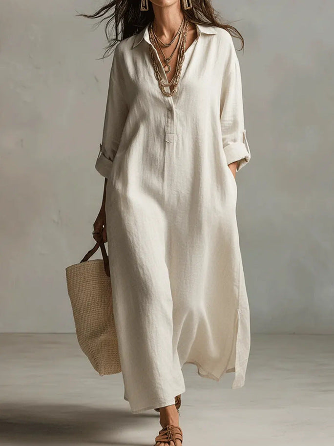 Women's Casual Long-Sleeve Linen Shirt Dress – Relaxed Fit FitiqueFit