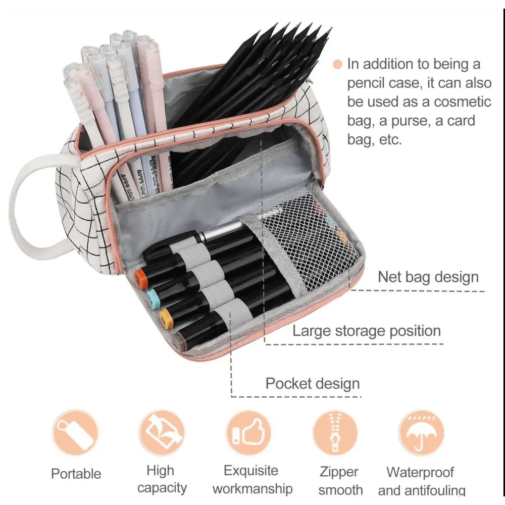 Big Storage Large Capacity Pencil Case Kids Pencil Bag For Students Vintage Grid Print Fabric Stationary Bag School Supply Stevvex