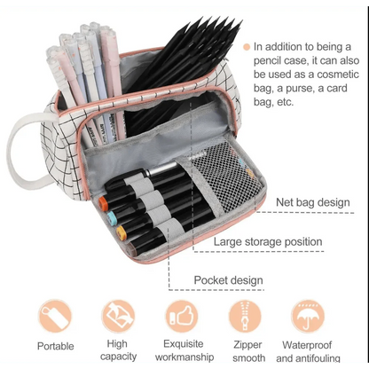 Big Storage Large Capacity Pencil Case Kids Pencil Bag For Students Vintage Grid Print Fabric Stationary Bag School Supply Stevvex