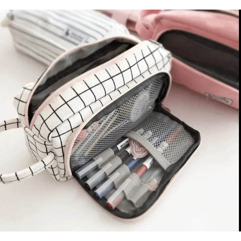 Big Storage Large Capacity Pencil Case Kids Pencil Bag For Students Vintage Grid Print Fabric Stationary Bag School Supply Stevvex