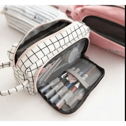 Big Storage Large Capacity Pencil Case Kids Pencil Bag For Students Vintage Grid Print Fabric Stationary Bag School Supply Stevvex