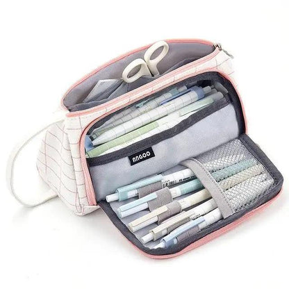 Big Storage Large Capacity Pencil Case Kids Pencil Bag For Students Vintage Grid Print Fabric Stationary Bag School Supply Stevvex