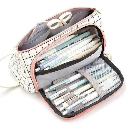 Big Storage Large Capacity Pencil Case Kids Pencil Bag For Students Vintage Grid Print Fabric Stationary Bag School Supply Stevvex