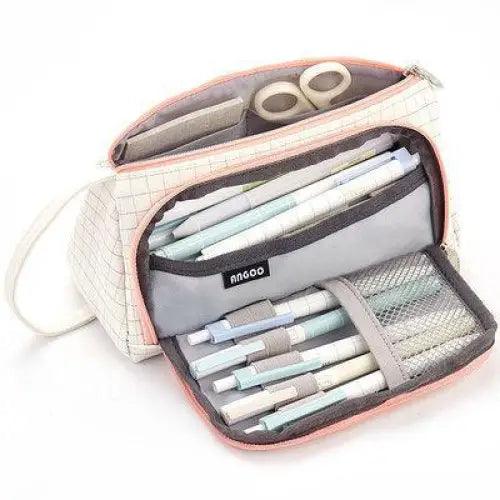 Big Storage Large Capacity Pencil Case Kids Pencil Bag For Students Vintage Grid Print Fabric Stationary Bag School Supply Stevvex
