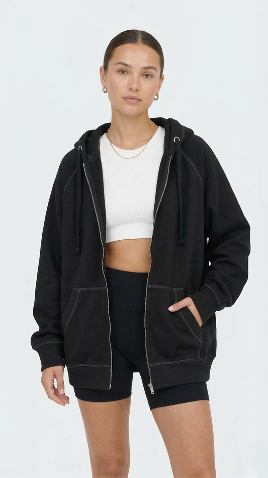 Women's Oversized Black Zip-Up Hoodie Sweatshirt Contrast Stitch Minimalist Tinyloverclothing