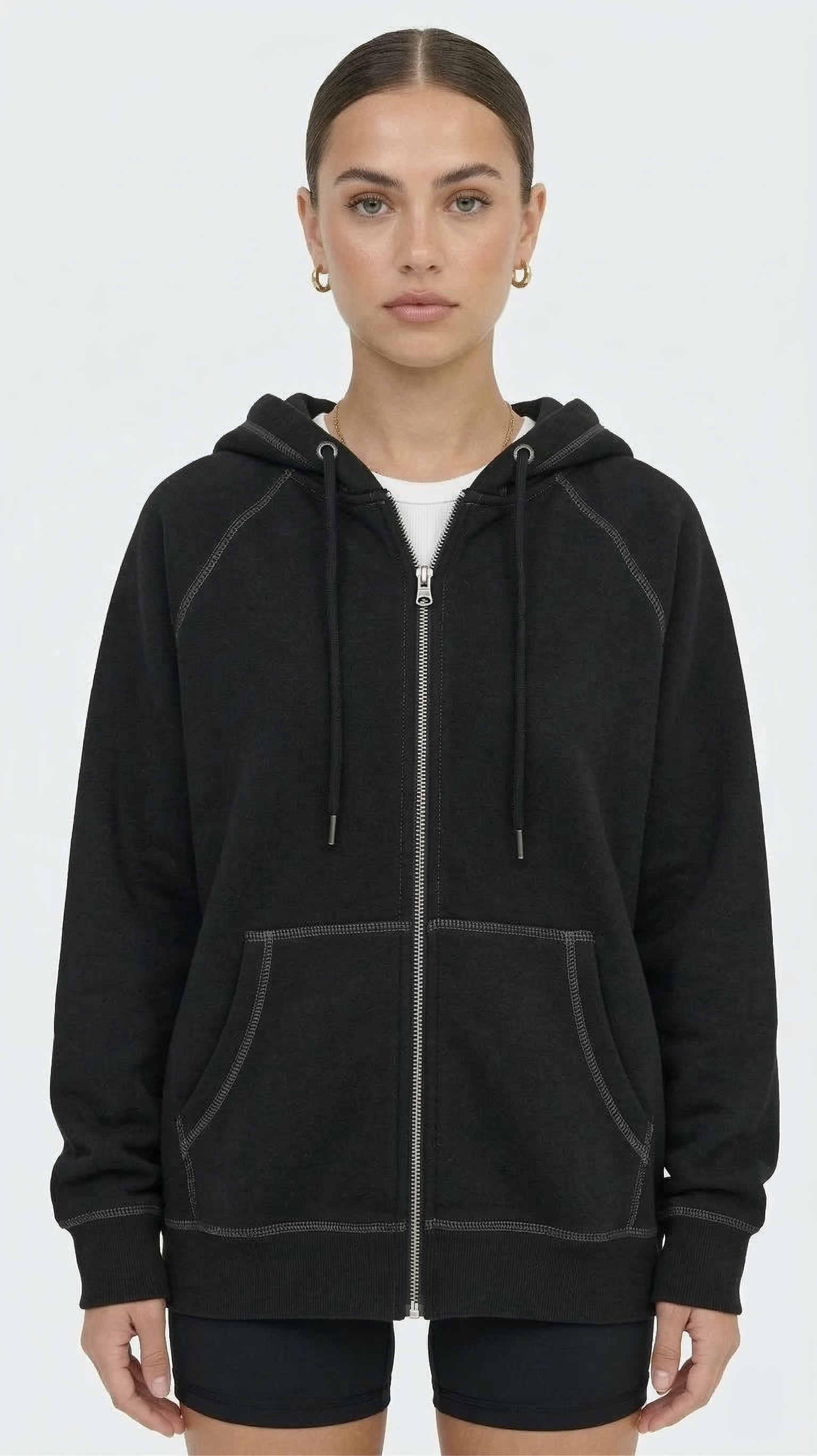 Women's Oversized Black Zip-Up Hoodie Sweatshirt Contrast Stitch Minimalist Tinyloverclothing