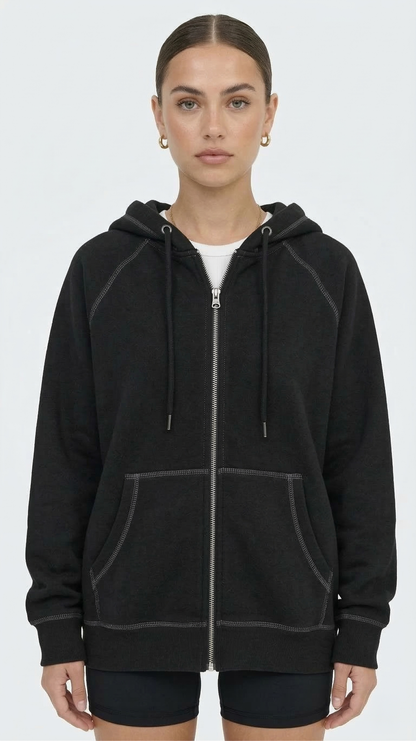 Women's Oversized Black Zip-Up Hoodie Sweatshirt Contrast Stitch Minimalist Tinyloverclothing