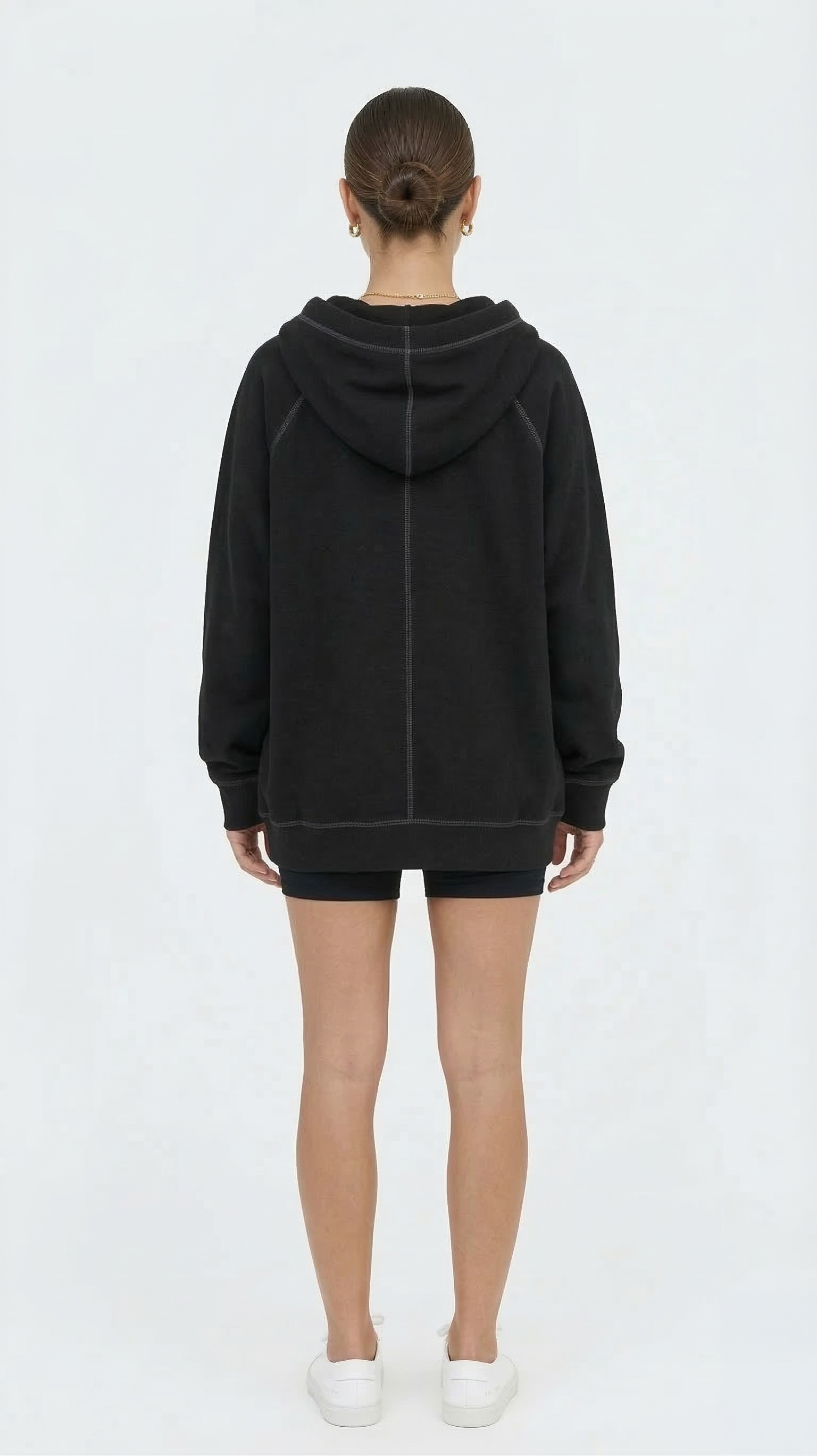 Women's Oversized Black Zip-Up Hoodie Sweatshirt Contrast Stitch Minimalist Tinyloverclothing