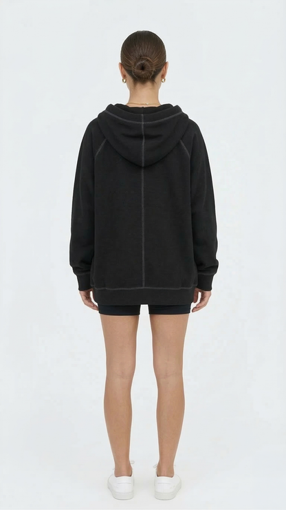 Women's Oversized Black Zip-Up Hoodie Sweatshirt Contrast Stitch Minimalist Tinyloverclothing