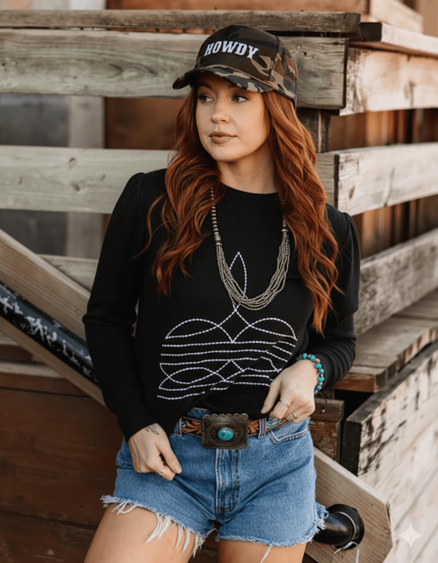 Black Boot Stitch Graphic Sweatshirt Wild Junkie