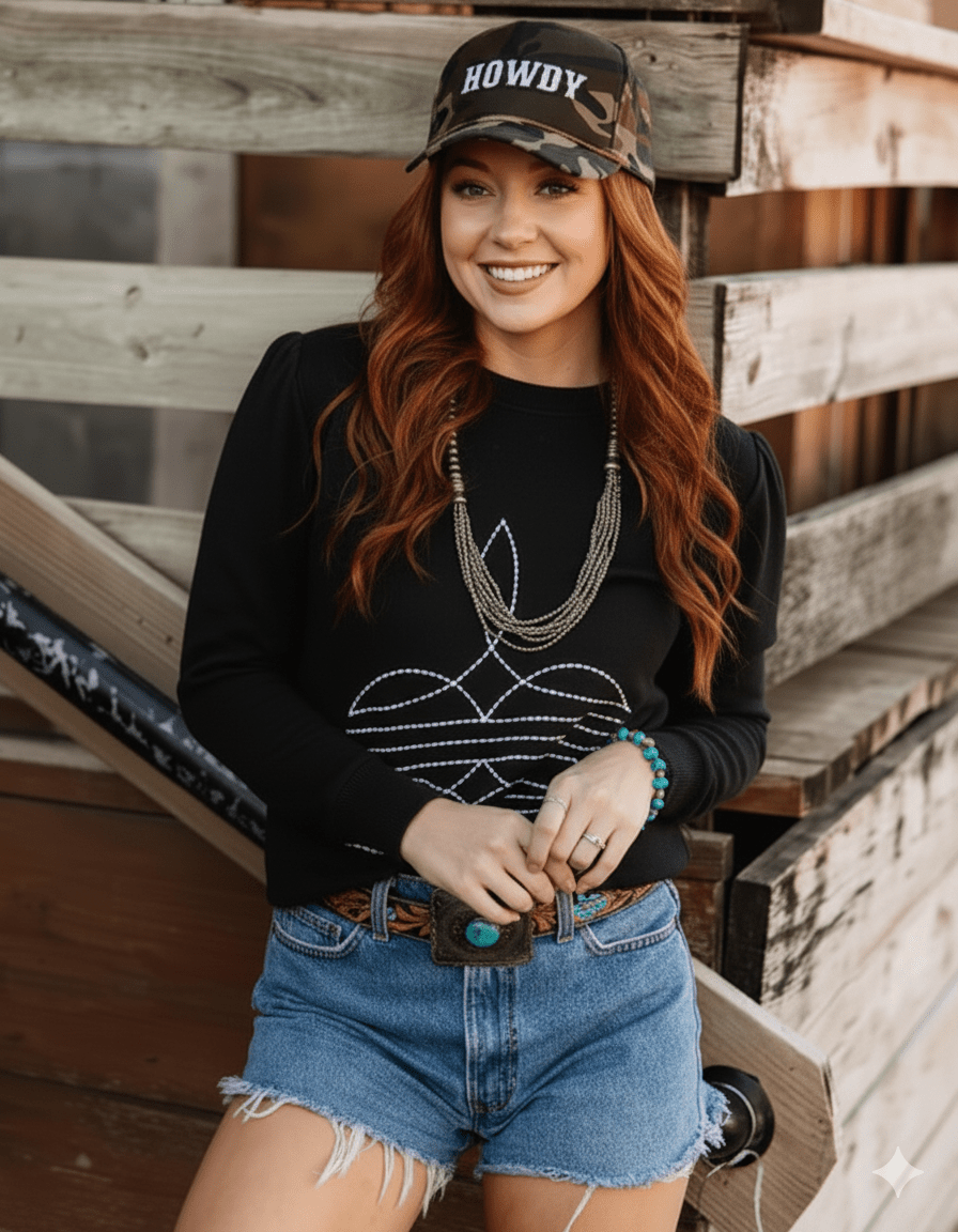Black Boot Stitch Graphic Sweatshirt Wild Junkie