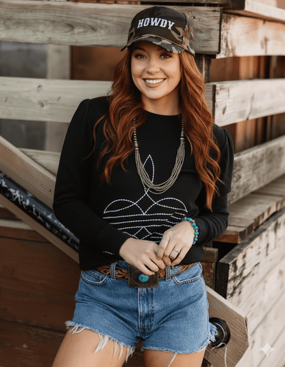Black Boot Stitch Graphic Sweatshirt Wild Junkie