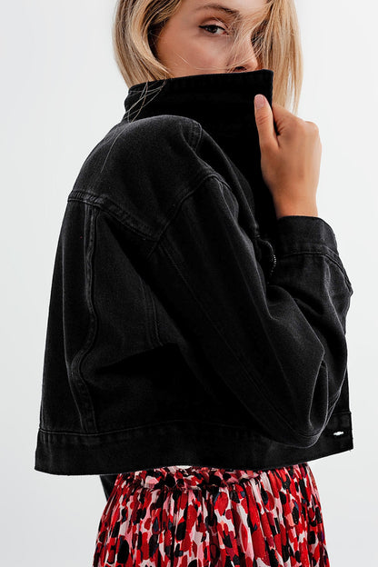 Black denim jacket with strass fringing Q2store