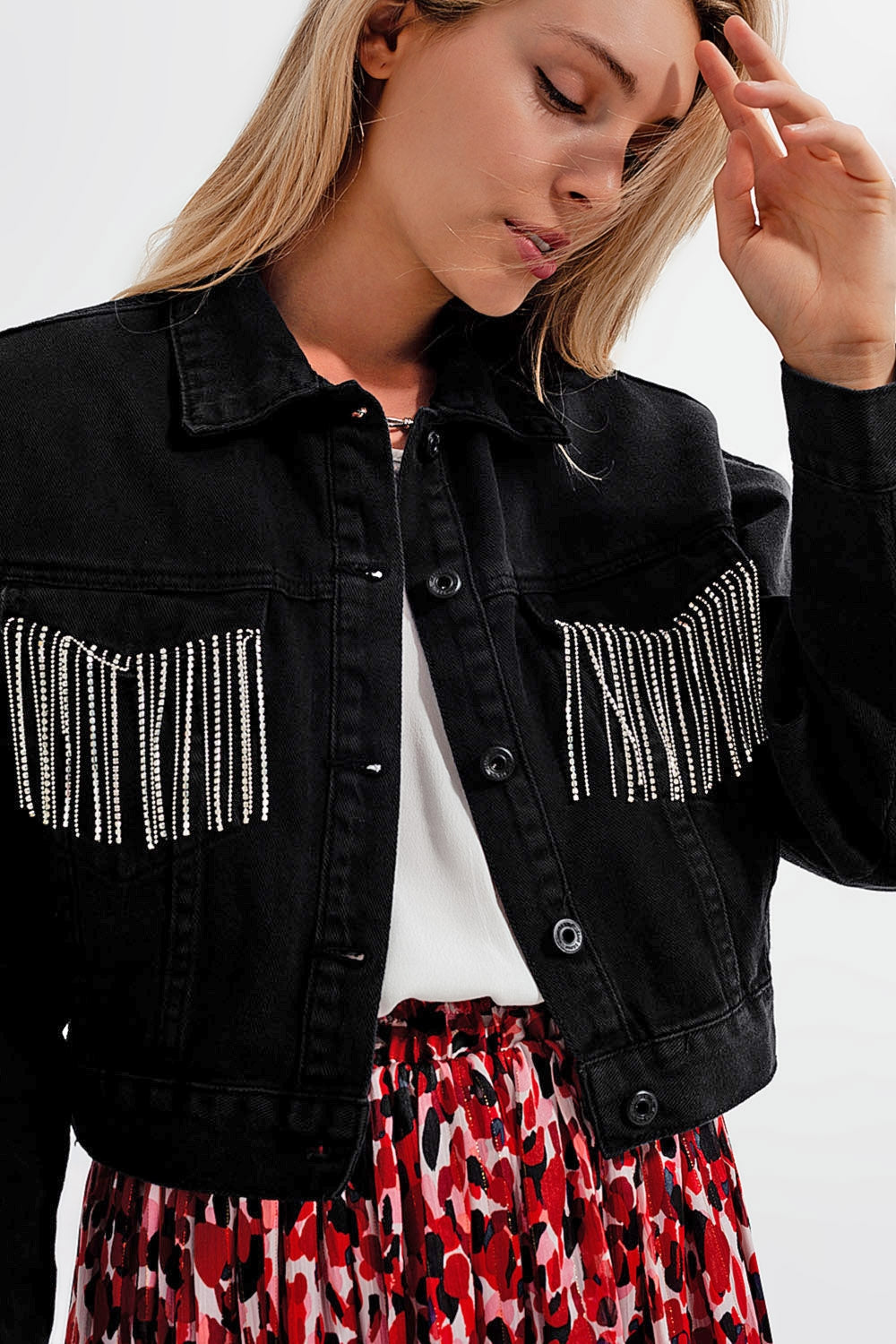Black denim jacket with strass fringing Q2store