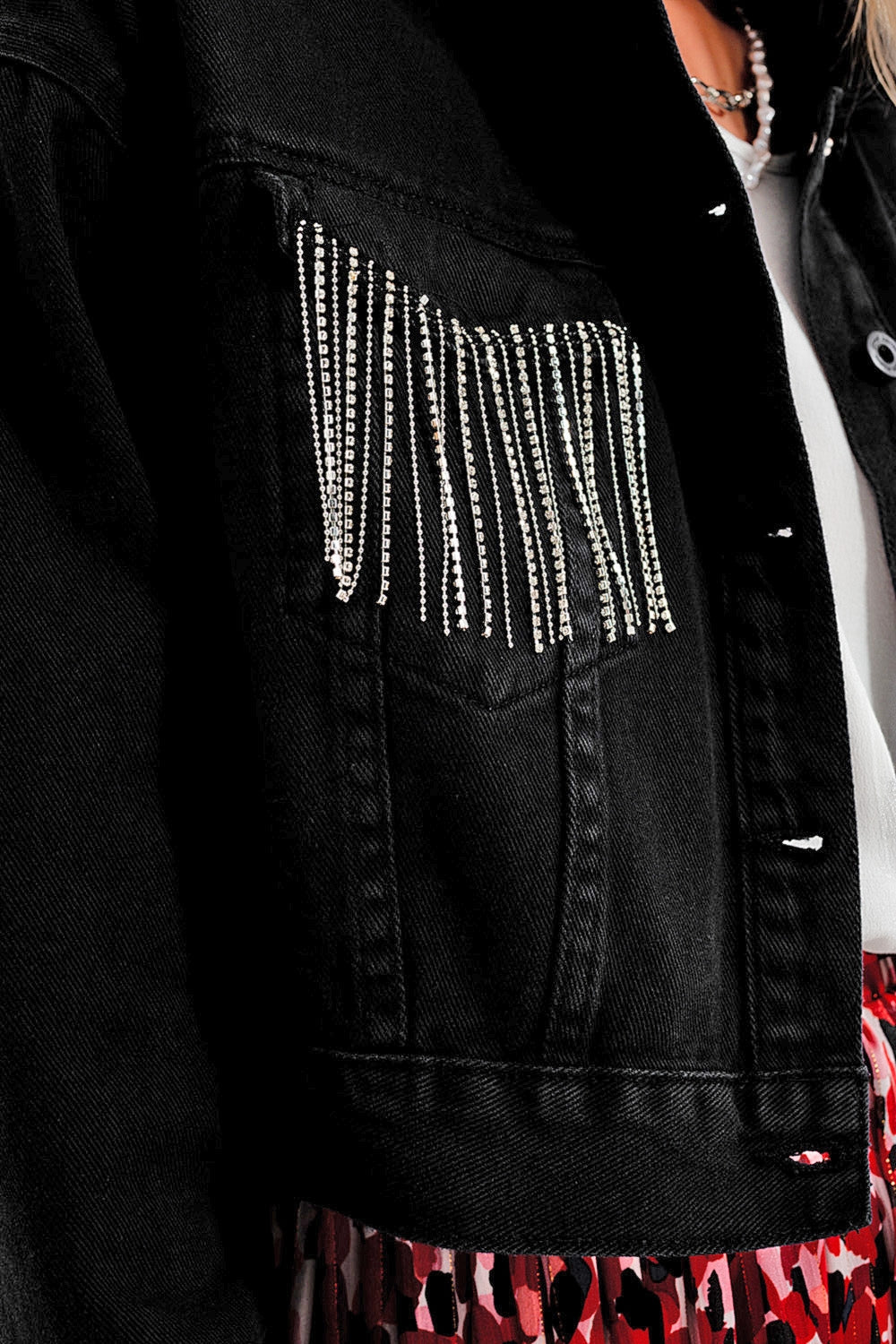 Black denim jacket with strass fringing Q2store