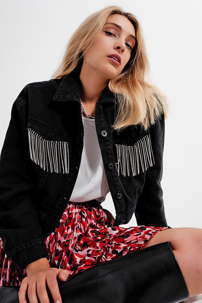 Black denim jacket with strass fringing Q2store