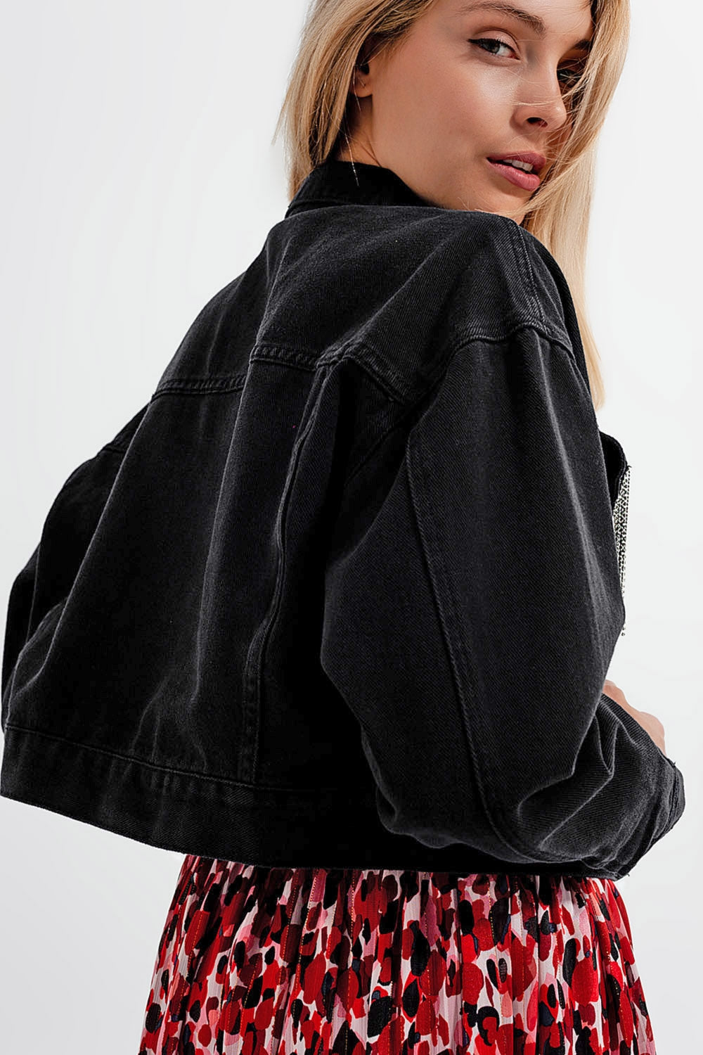 Black denim jacket with strass fringing Q2store