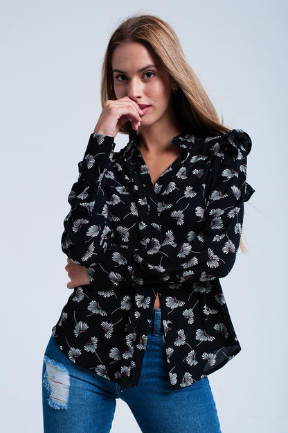 Black floral printed shirt Q2store
