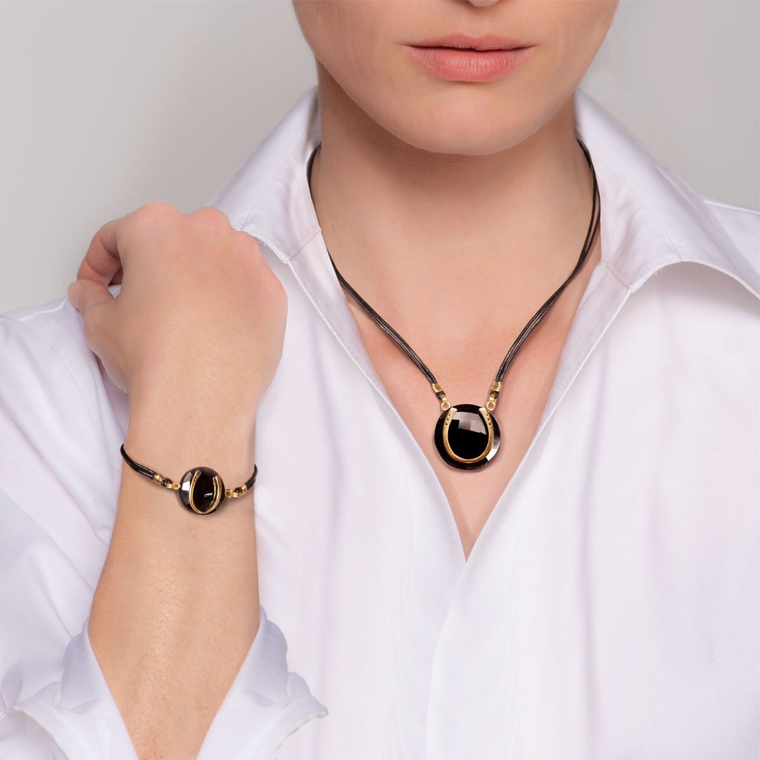 Black Onyx &  Leather 14K Gold Vermeil Horseshoe Necklace Urban-Equestrian