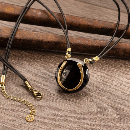 Black Onyx &  Leather 14K Gold Vermeil Horseshoe Necklace Urban-Equestrian