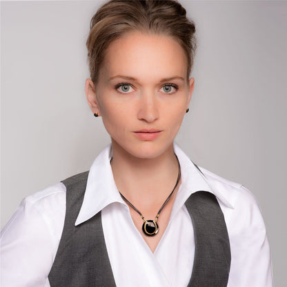 Black Onyx &  Leather 14K Gold Vermeil Horseshoe Necklace Urban-Equestrian