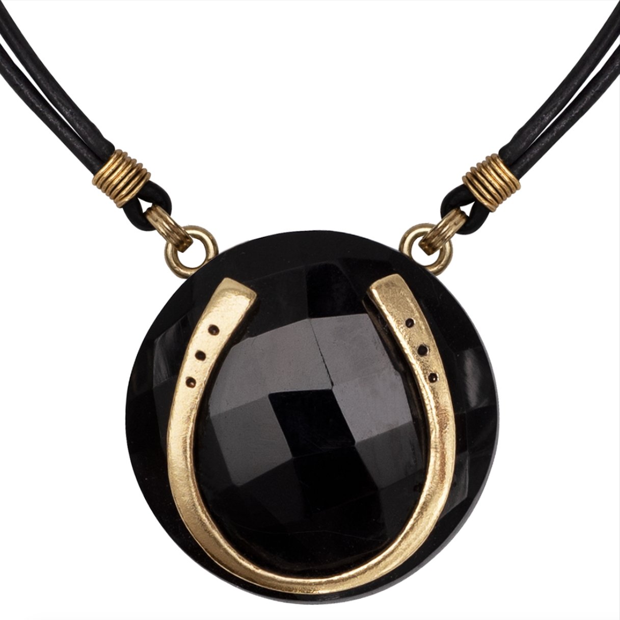 Black Onyx &  Leather 14K Gold Vermeil Horseshoe Necklace Urban-Equestrian