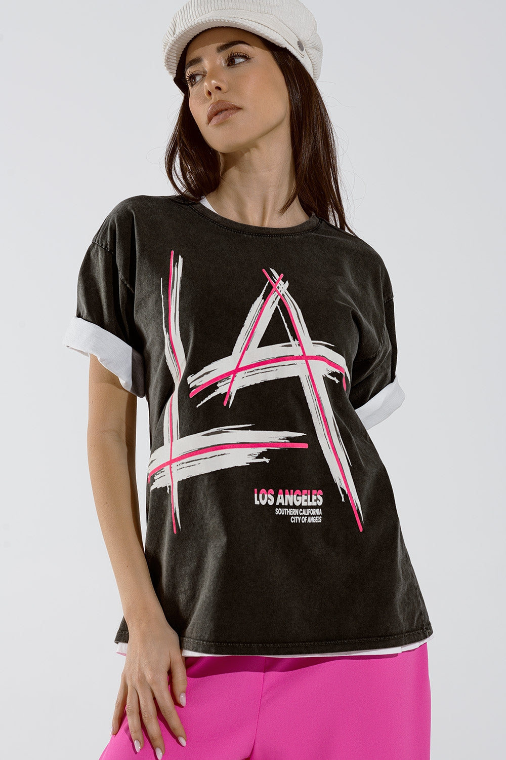 Black Relaxed t-shirt printed LA Los Angeles logo Q2store