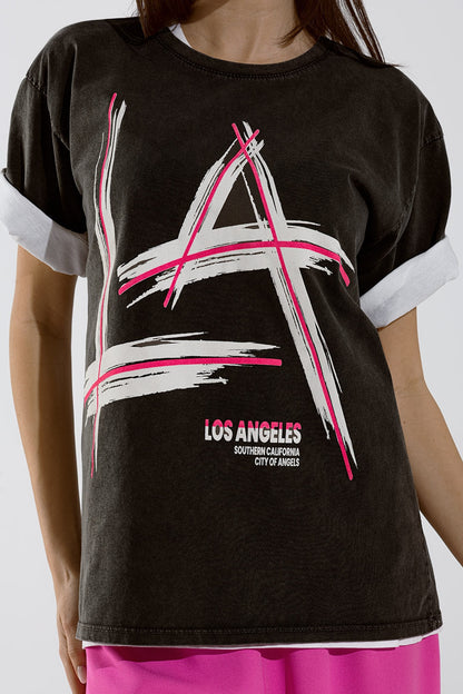 Black Relaxed t-shirt printed LA Los Angeles logo Q2store