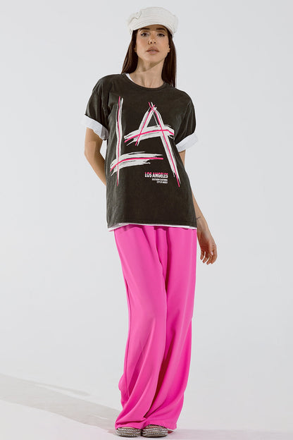 Black Relaxed t-shirt printed LA Los Angeles logo Q2store