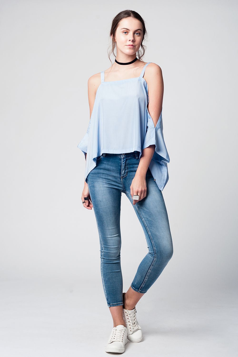 Blue cold shoulders top Q2store