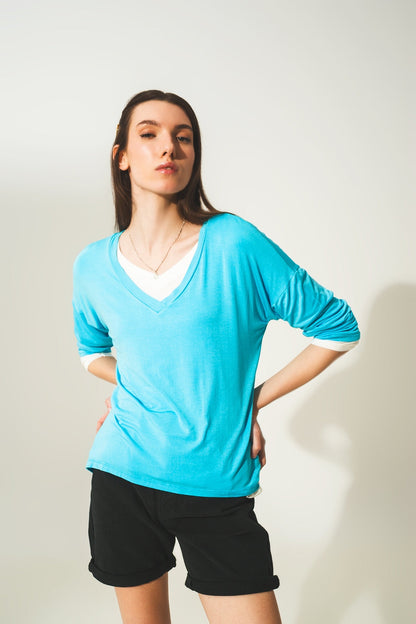 Blue long sleeve v neck top in modal Q2store