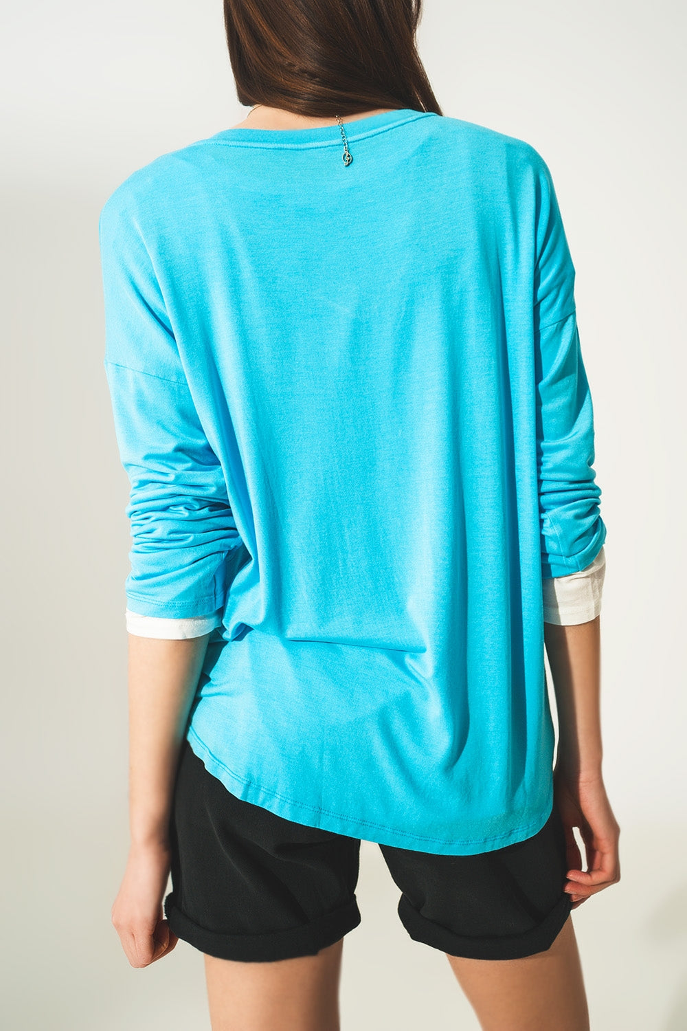 Blue long sleeve v neck top in modal Q2store