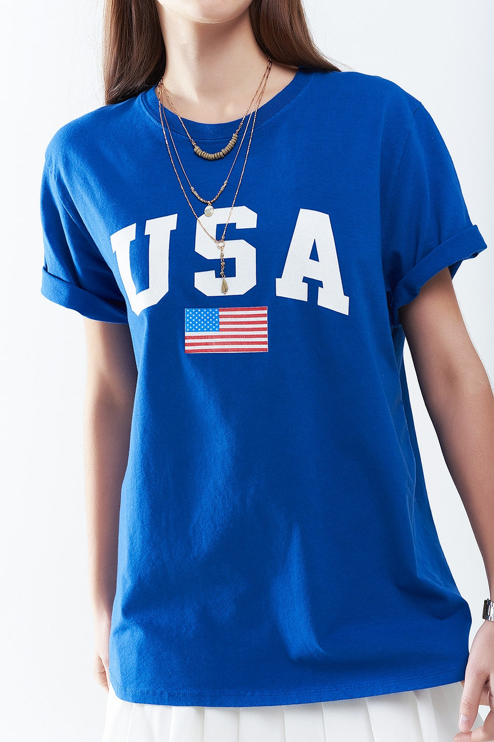 Blue loose long t-shirt with USA logo Q2store