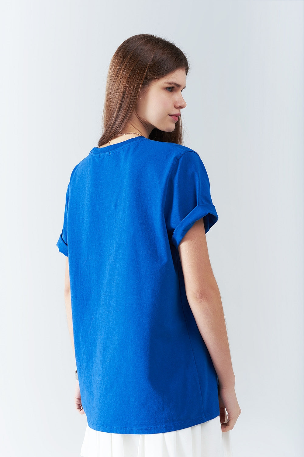 Blue loose long t-shirt with USA logo Q2store