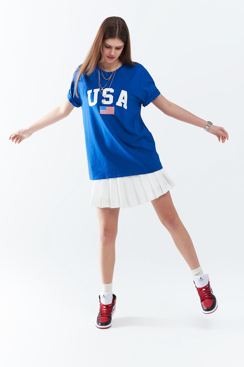 Blue loose long t-shirt with USA logo Q2store