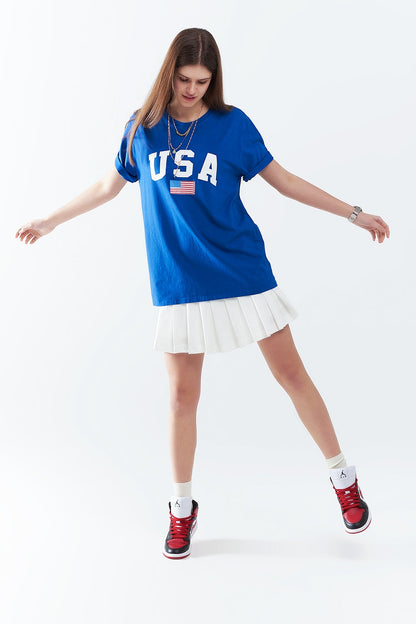 Blue loose long t-shirt with USA logo Q2store