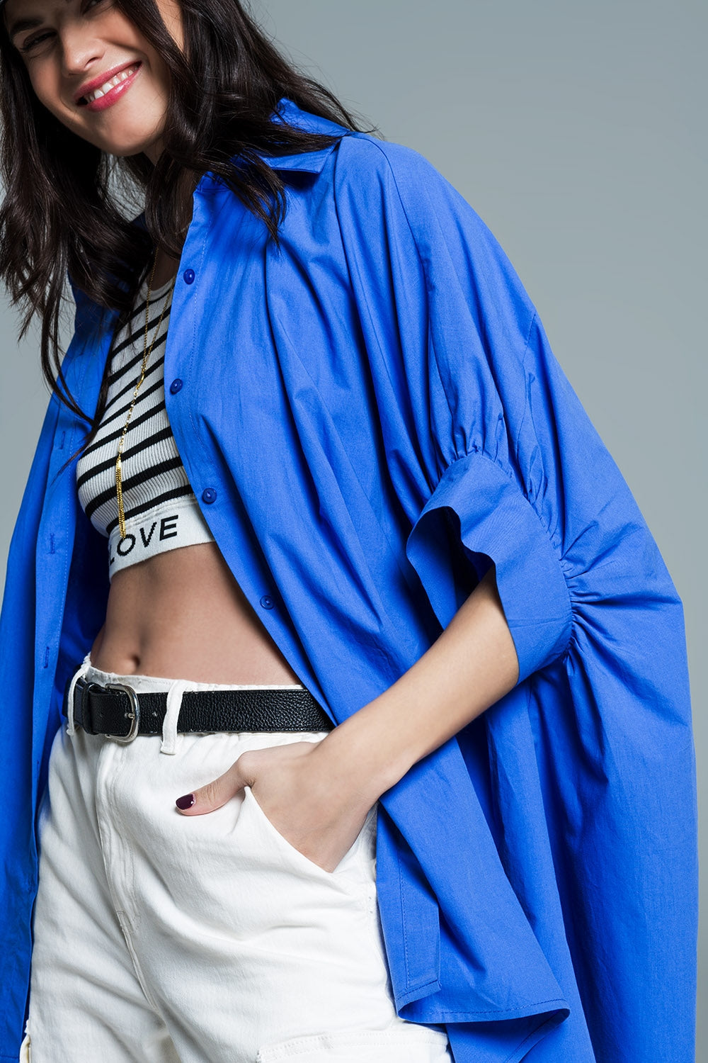 Blue  oversized blouse with short sleeves Q2store