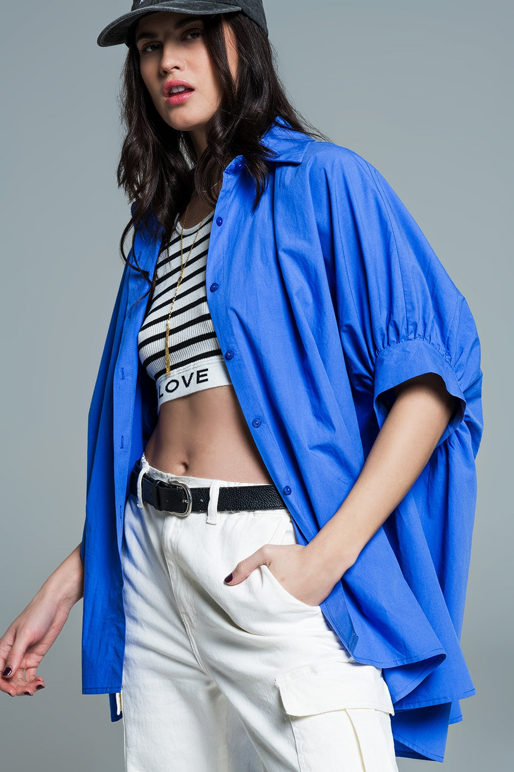Blue  oversized blouse with short sleeves Q2store