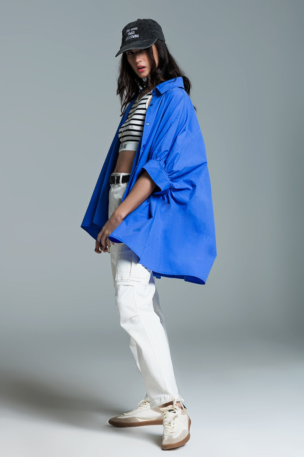 Blue  oversized blouse with short sleeves Q2store