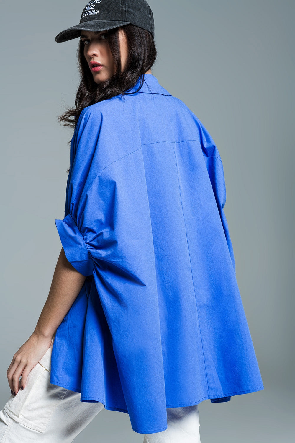 Blue  oversized blouse with short sleeves Q2store