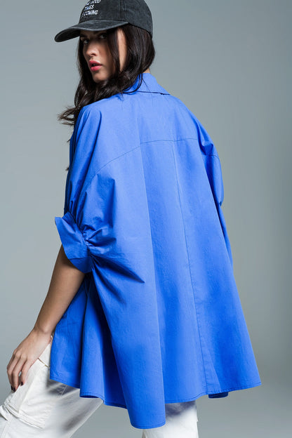 Blue  oversized blouse with short sleeves Q2store