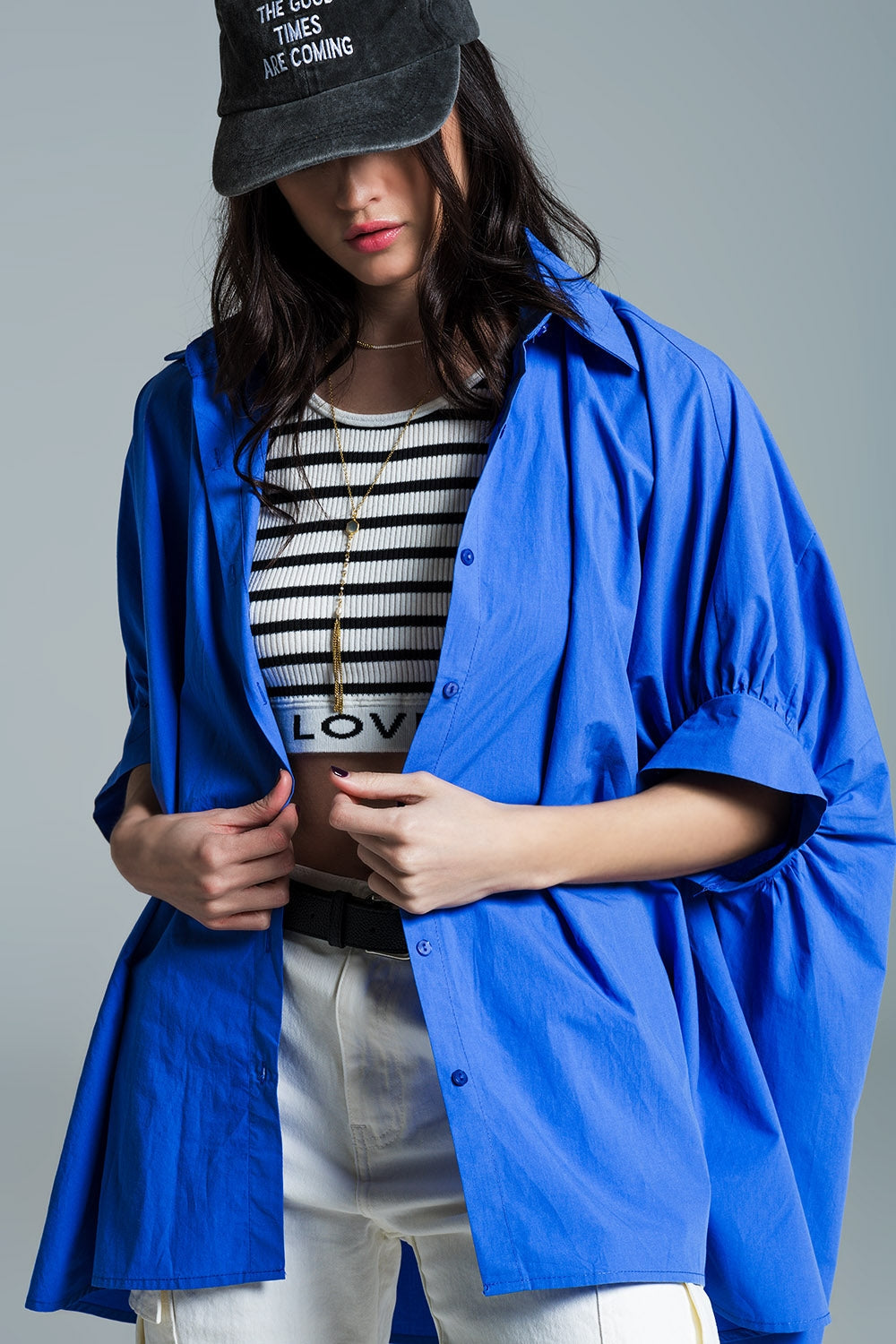 Blue  oversized blouse with short sleeves Q2store