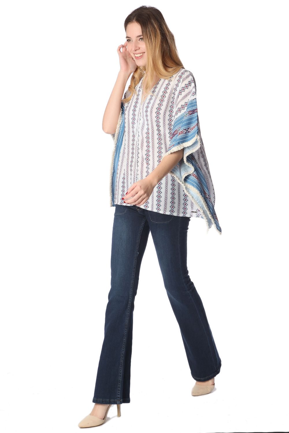 Blue oversized poncho top in tribe print Q2store