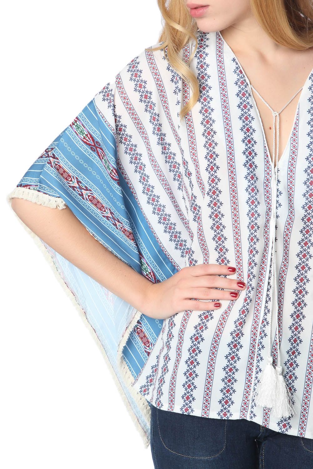 Blue oversized poncho top in tribe print Q2store