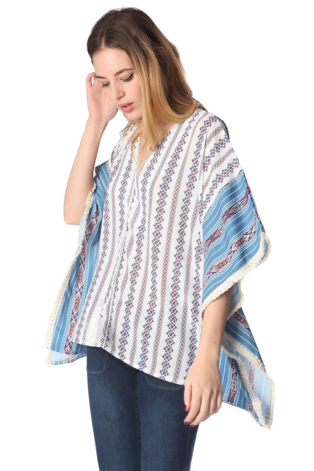 Blue oversized poncho top in tribe print Q2store