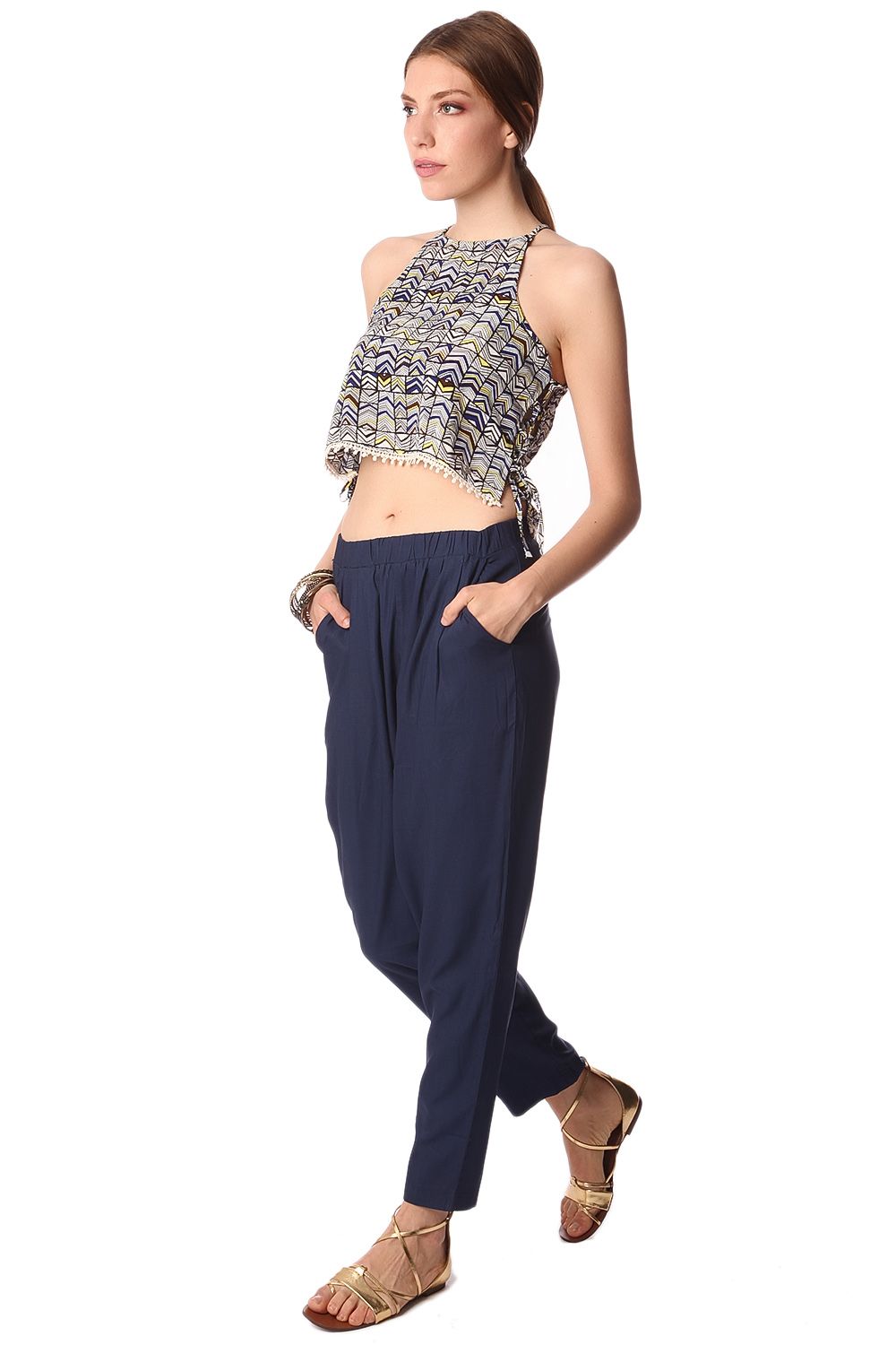 Blue printed crop top with lace up side detail Q2store