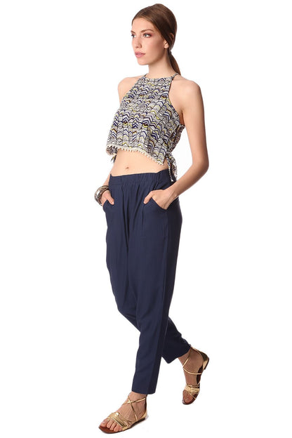 Blue printed crop top with lace up side detail Q2store