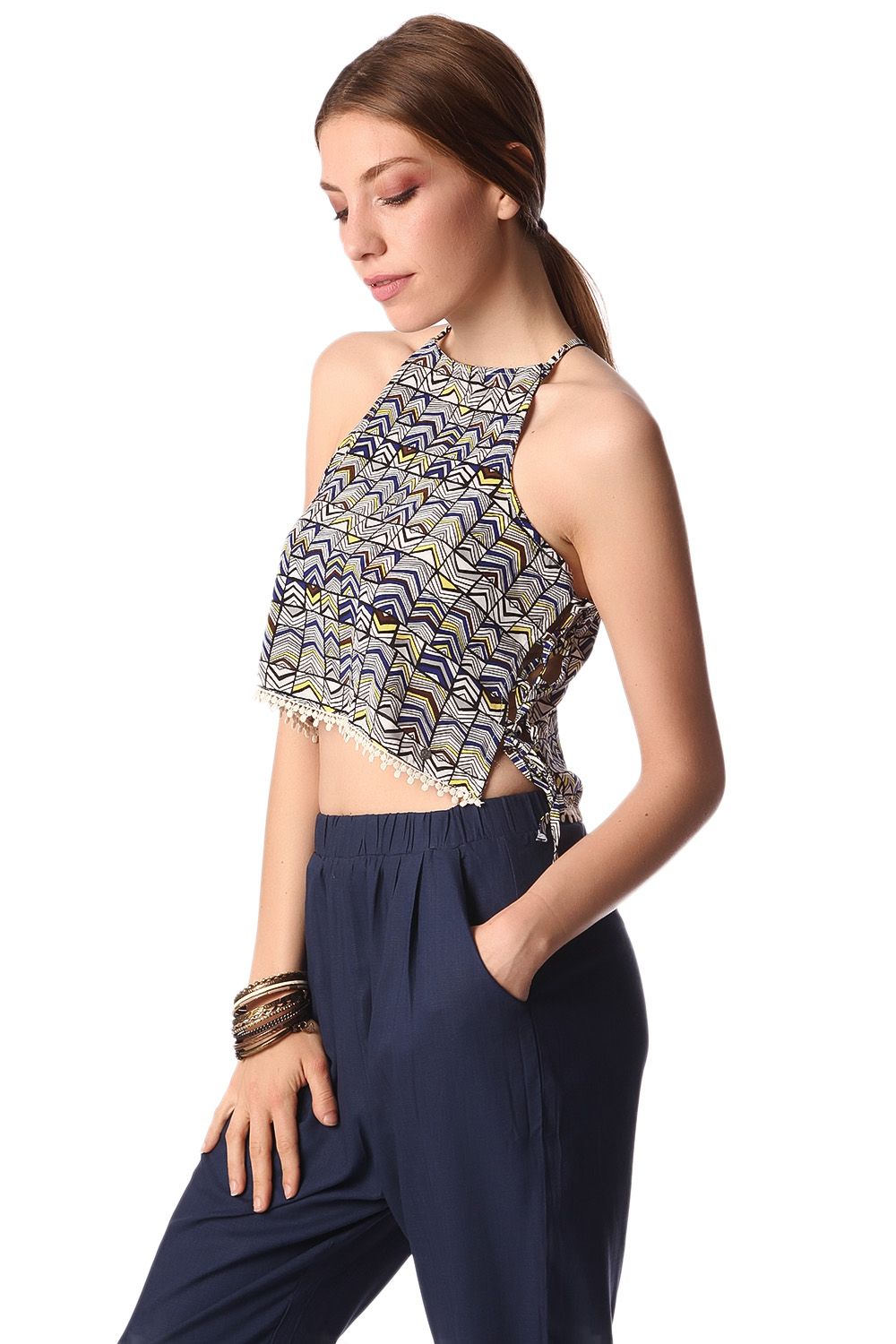 Blue printed crop top with lace up side detail Q2store